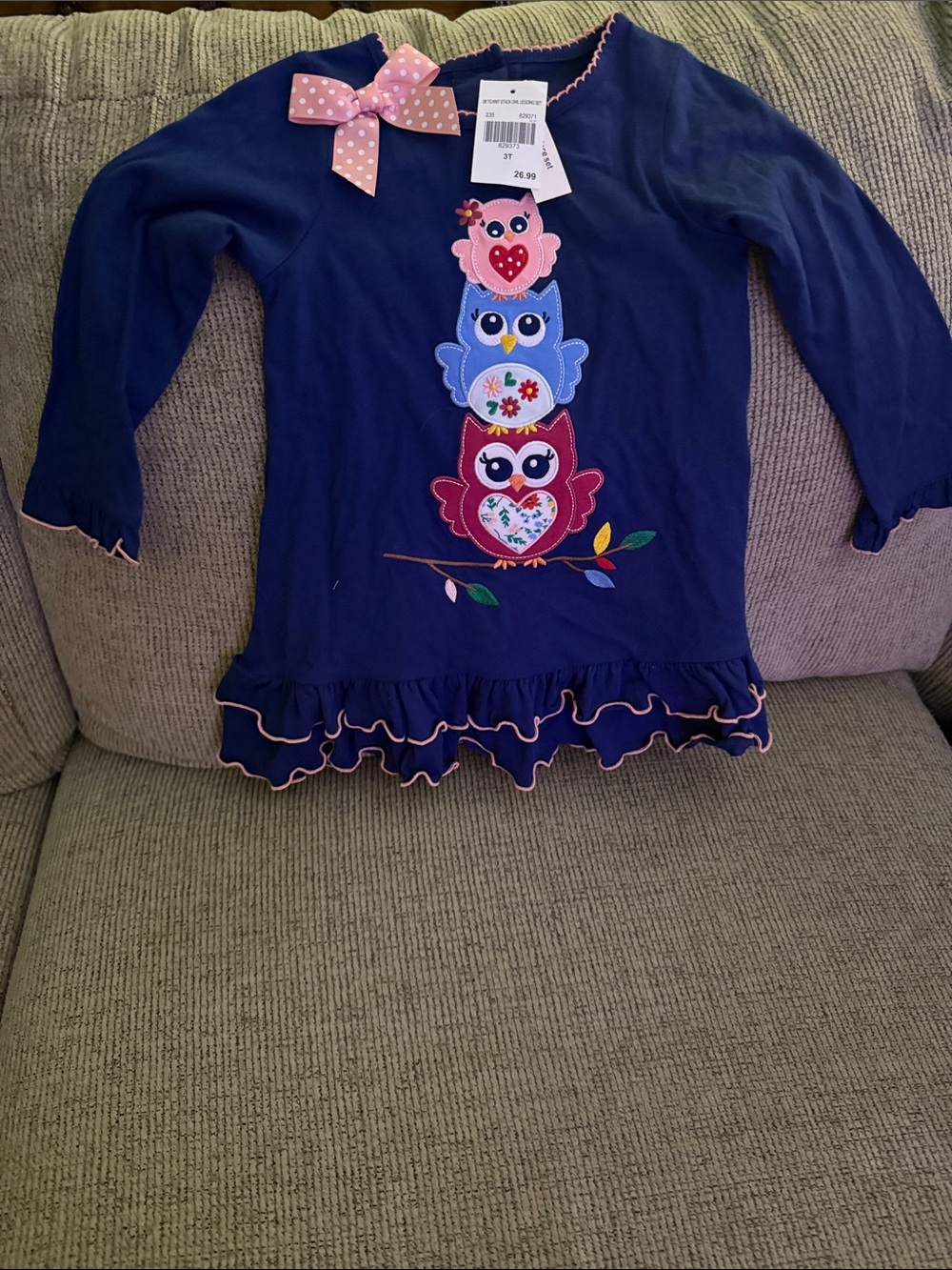 Good Lad from Belk Navy Long-Sleeve Top with Stacked Owl Appliqués and Pink Bow